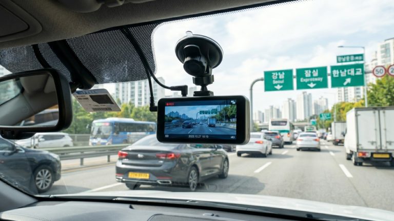 자동차 유리 안쪽에 장착된 블랙박스 모습