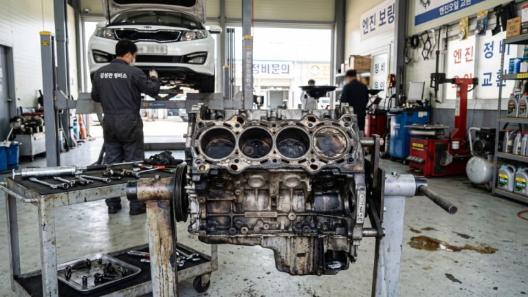 정비소에서 과열로 손상된 엔진