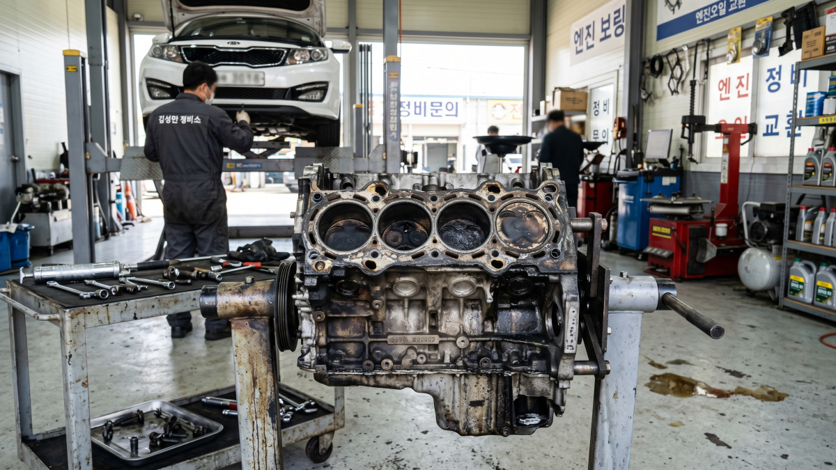 정비소에서 과열로 손상된 엔진
