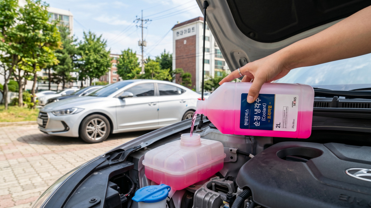 냉각수 보조탱크에 냉각수를 보충하는 모습
