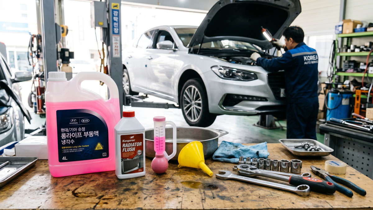 정비소 작업대 위 새 냉각수 제품과 공구들