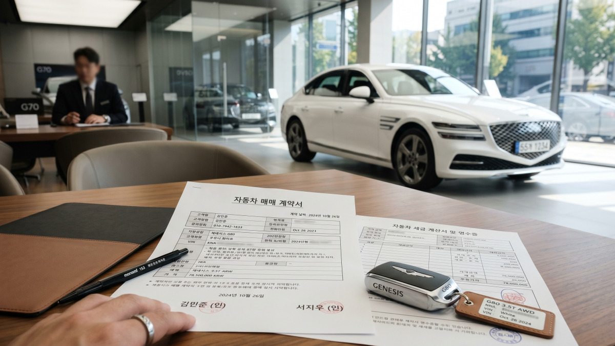 신차 계약서와 세금 계산서가 테이블 위에 놓인 모습