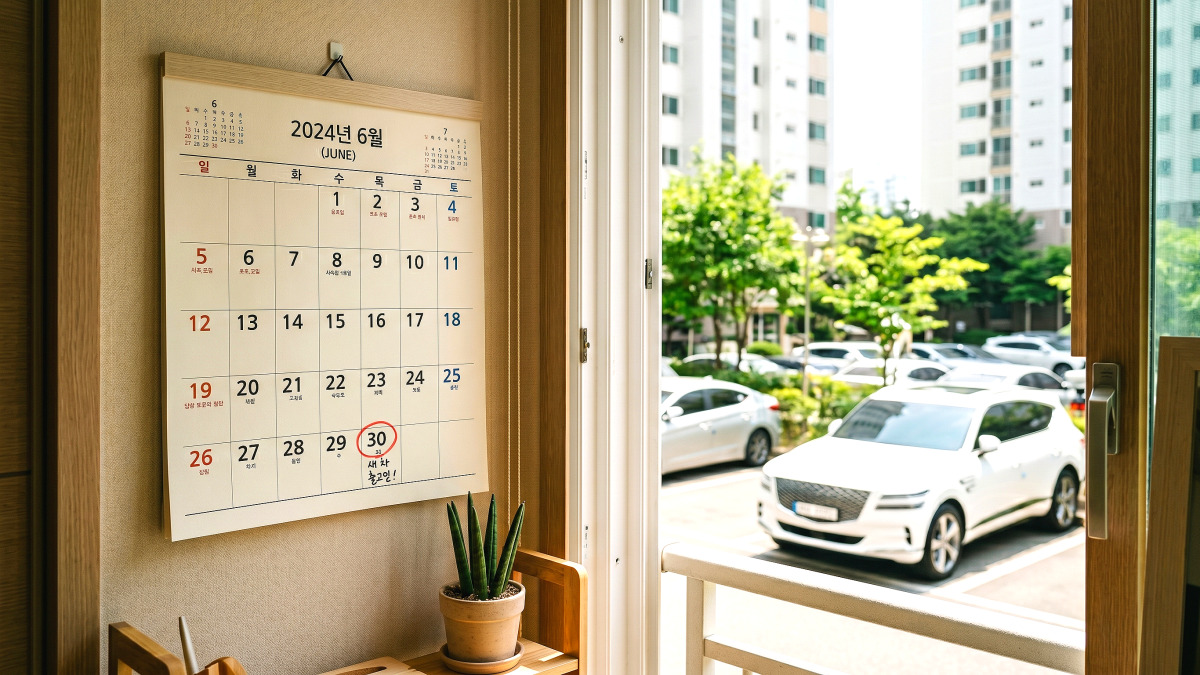 6월 30일이 표시된 달력 클로즈업과 배경의 새 차