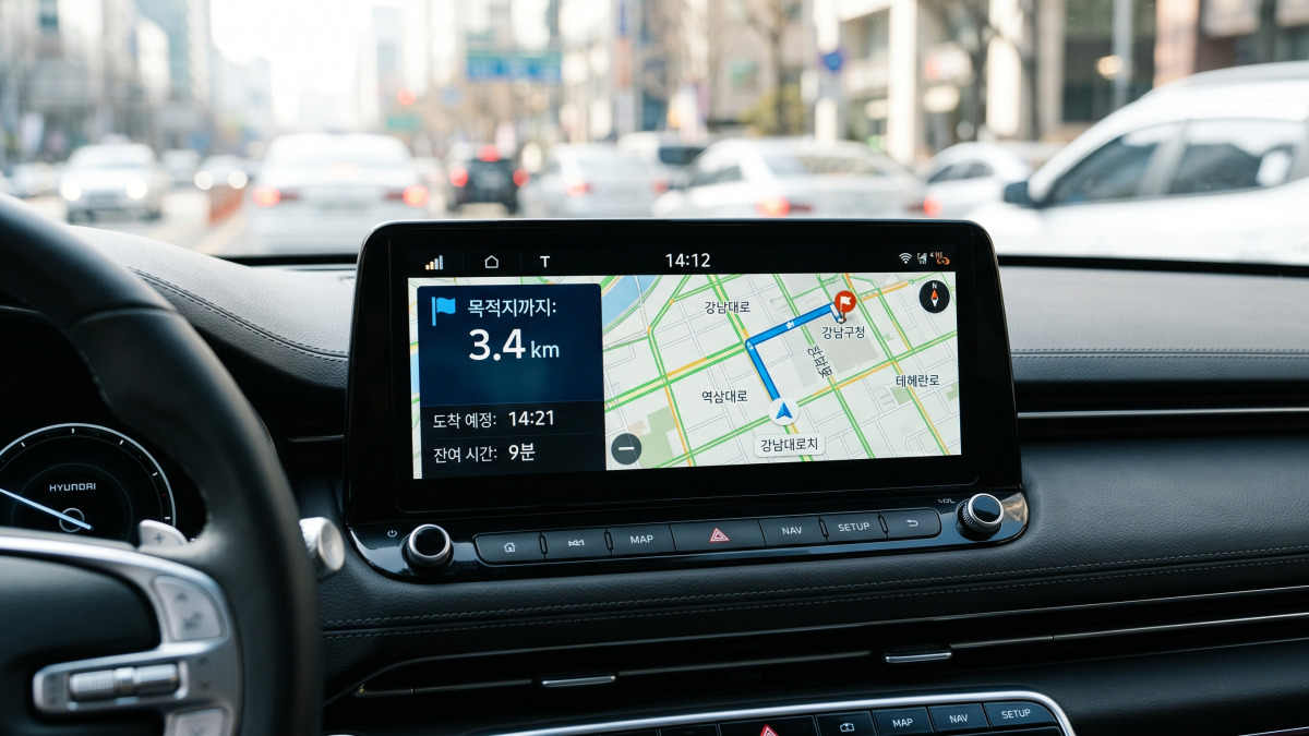 차량 네비게이션 화면에 3~4km 단거리 목적지 경로가 표시된 클로즈업