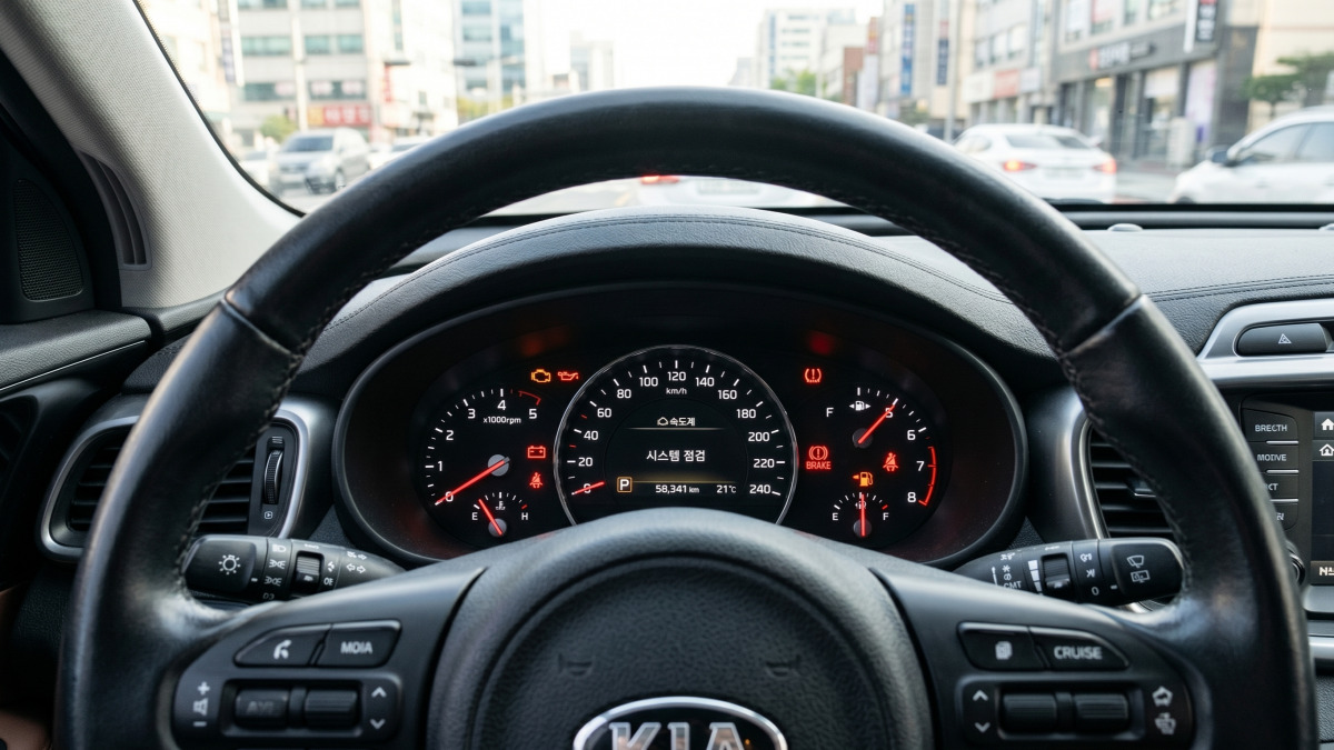 자동차 계기판에 빨간색 경고등 여러 개 켜진 클로즈업