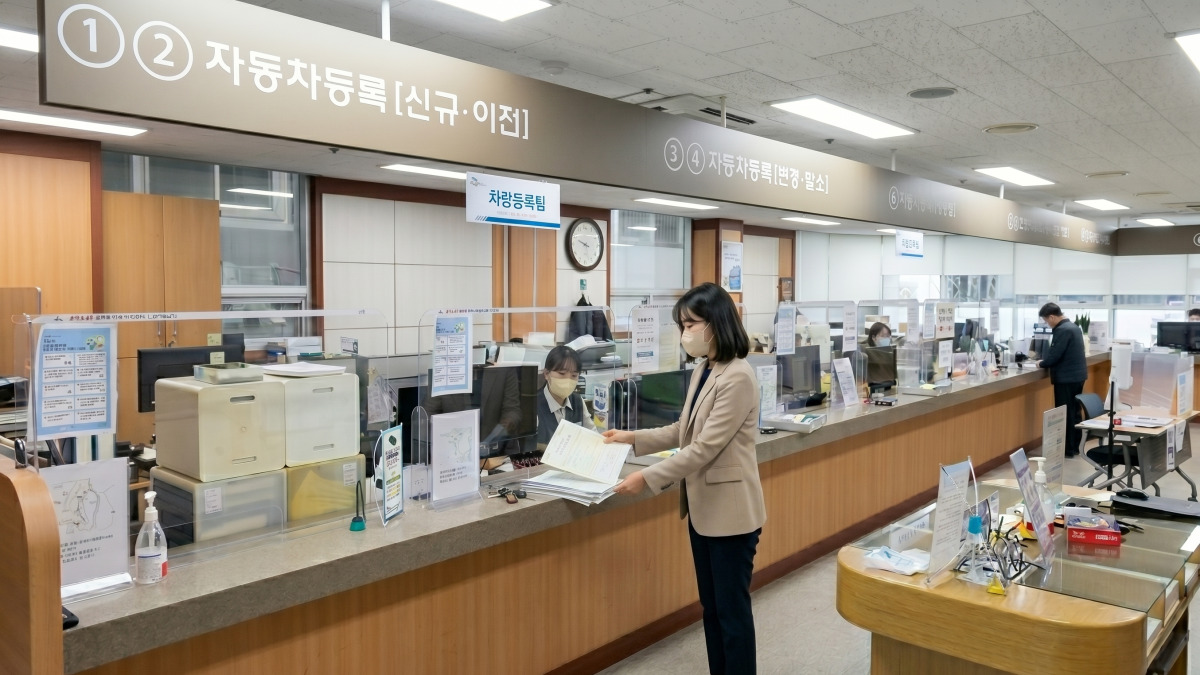 차량등록사업소 창구에서 명의이전 서류 제출하는 장면