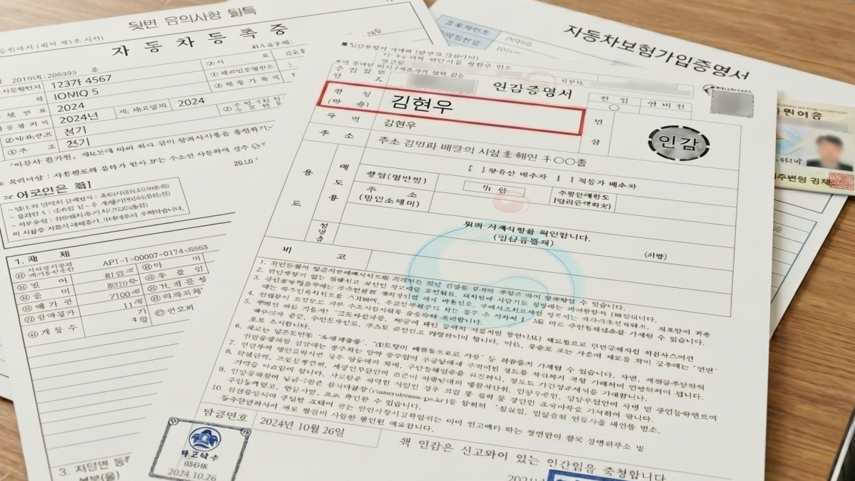 자동차 명의이전에 필요한 서류들이 테이블에 정렬된 모습