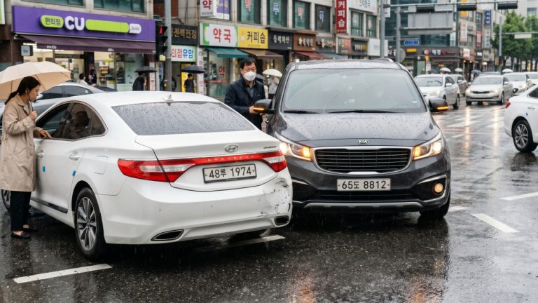 비 오는 도로 접촉사고 장면