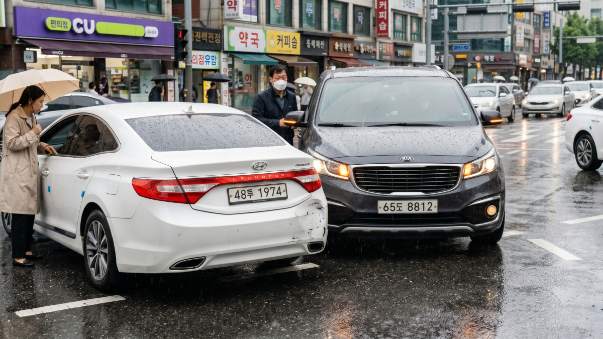 비 오는 도로 접촉사고 장면