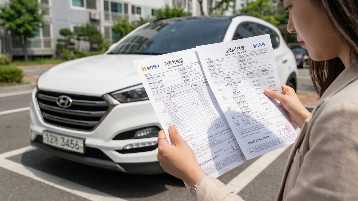 차량 앞에서 두 장의 보험 서류를 비교하는 모습