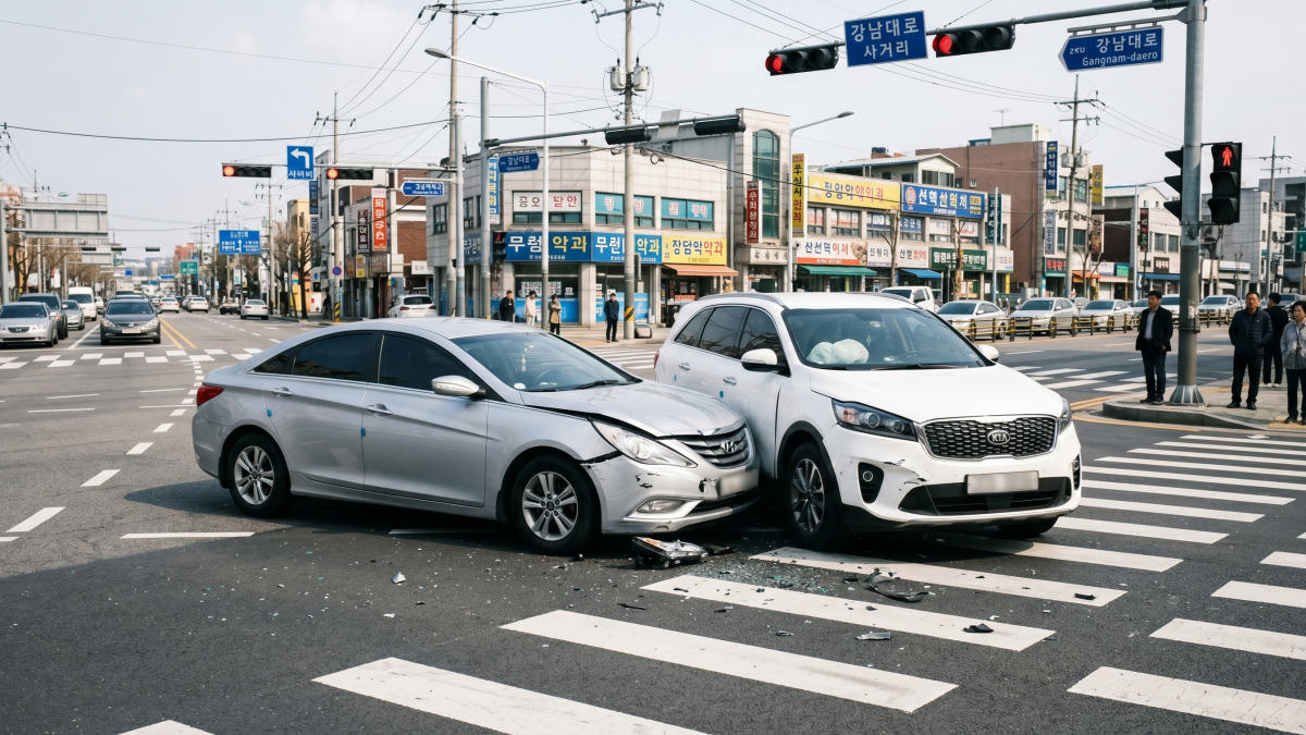 교차로 신호등 앞 두 차량 접촉사고 장면
