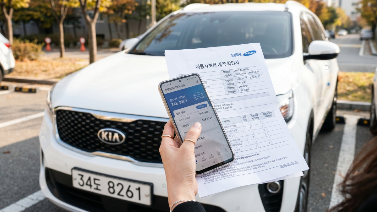 차량 앞에서 보험 서류와 스마트폰을 확인하는 모습