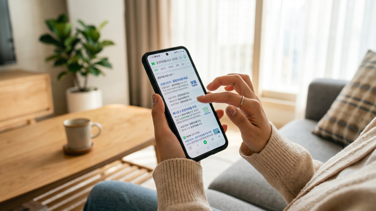 스마트폰으로 운전자보험을 비교하는 모습