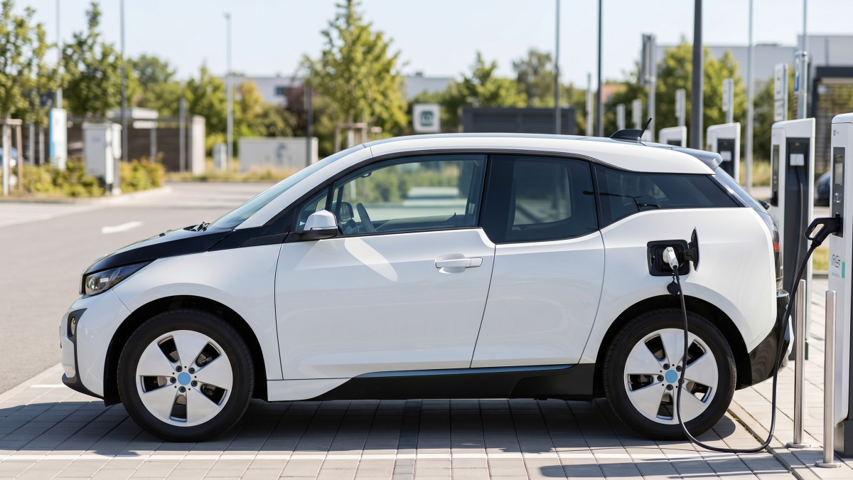 충전 커넥터가 연결된 전기차 측면과 충전소 배경