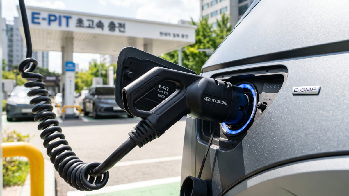 전기차 충전 커넥터가 차량에 연결된 모습