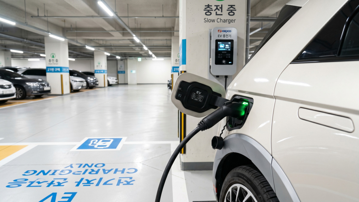 실내 주차장에서 충전 중인 전기차