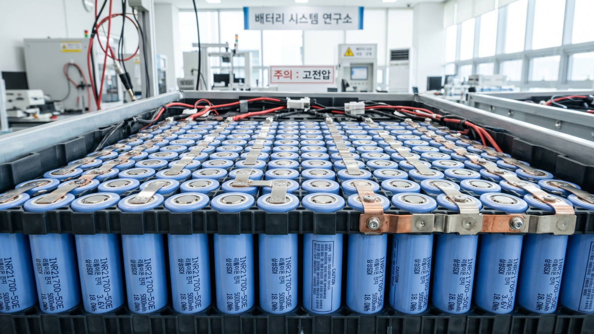 전기차 배터리 셀들이 나란히 배열된 장면