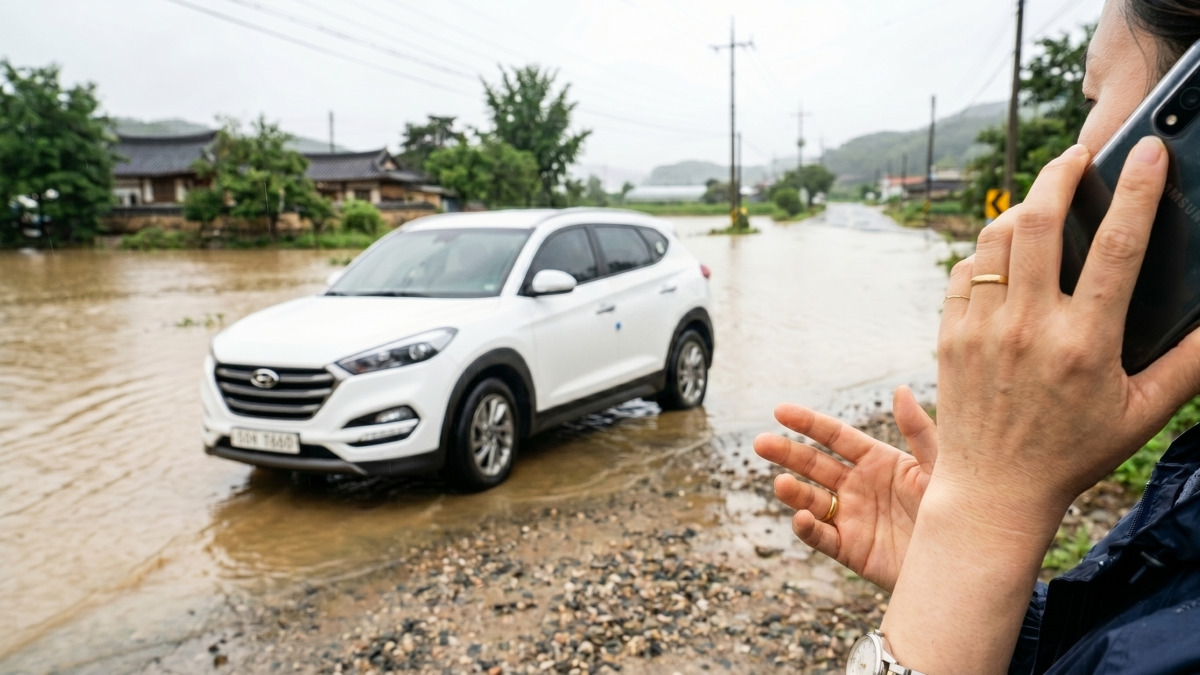 침수 차량 옆에서 스마트폰으로 보험사에 연락하는 모습
