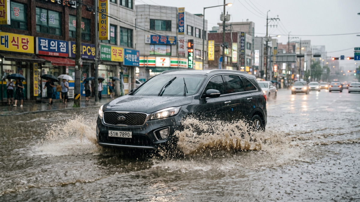 폭우 속 침수 도로를 서행으로 통과하는 차량
