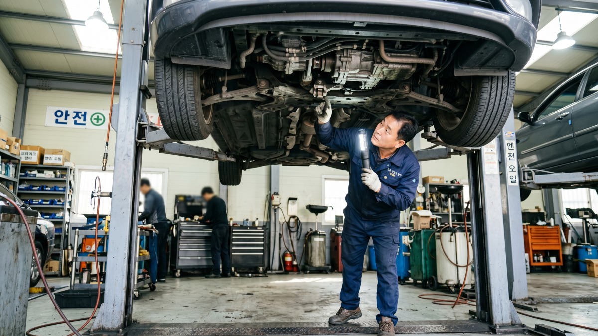 정비소 리프트 위 차량 하부를 손전등으로 점검하는 모습
