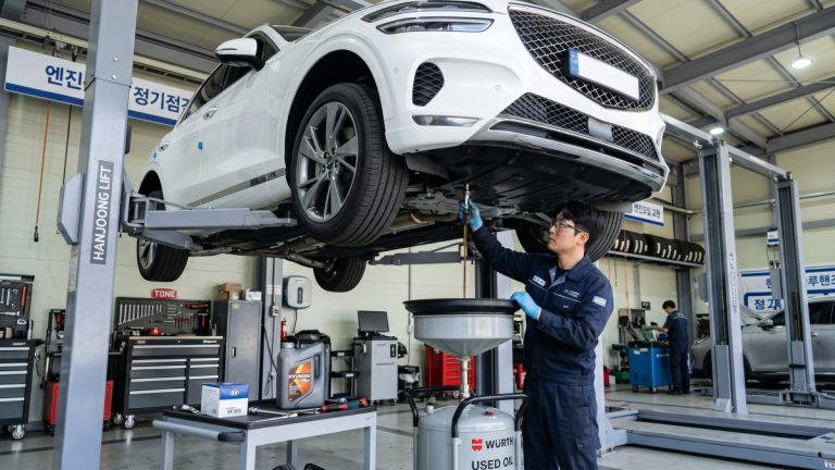 정비소에서 신차 엔진오일 교환 작업 중인 장면