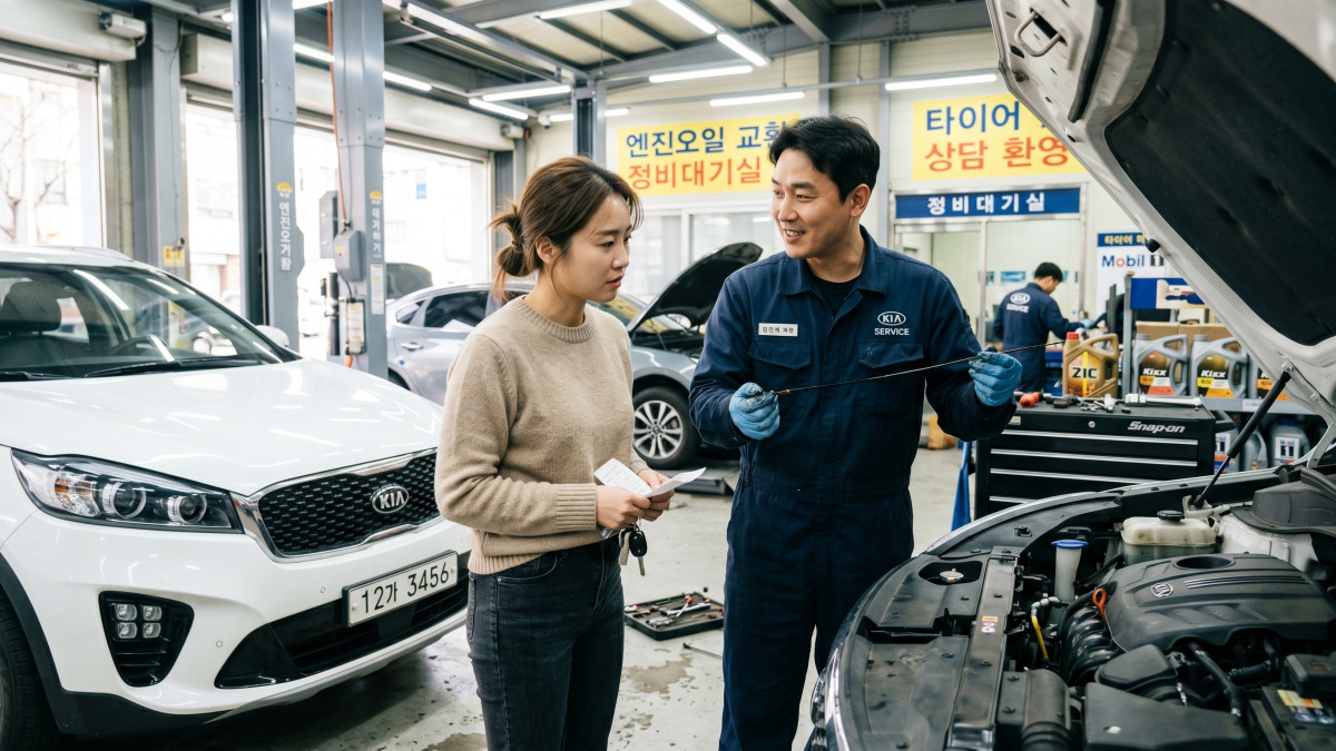 정비사가 고객에게 엔진오일 상태 설명하는 장면