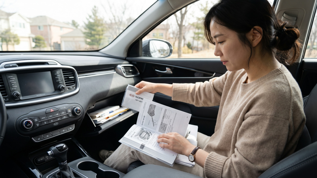 차량 사용 설명서에서 엔진오일 교환 주기 확인하는 장면