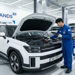 블루핸즈 서비스센터에서 신차 점검하는 정비사 장면