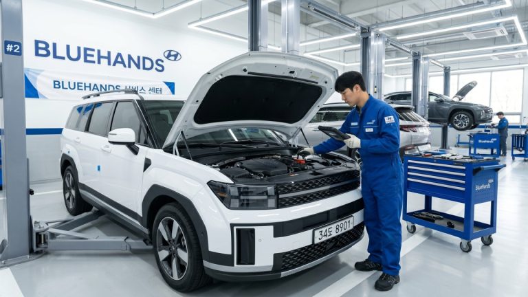 블루핸즈 서비스센터에서 신차 점검하는 정비사 장면