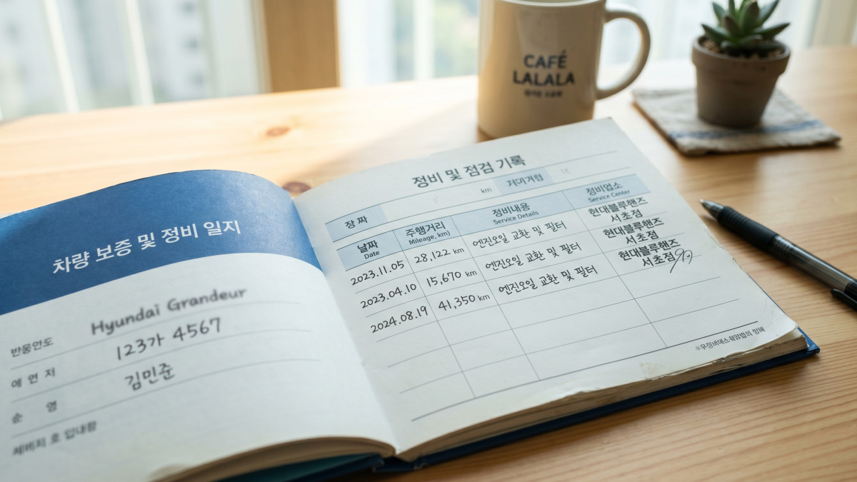 차량 보증서와 정비 기록부 테이블 위 클로즈업