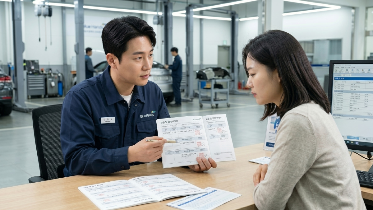 서비스센터에서 정비사가 고객에게 보증 서류 설명하는 장면