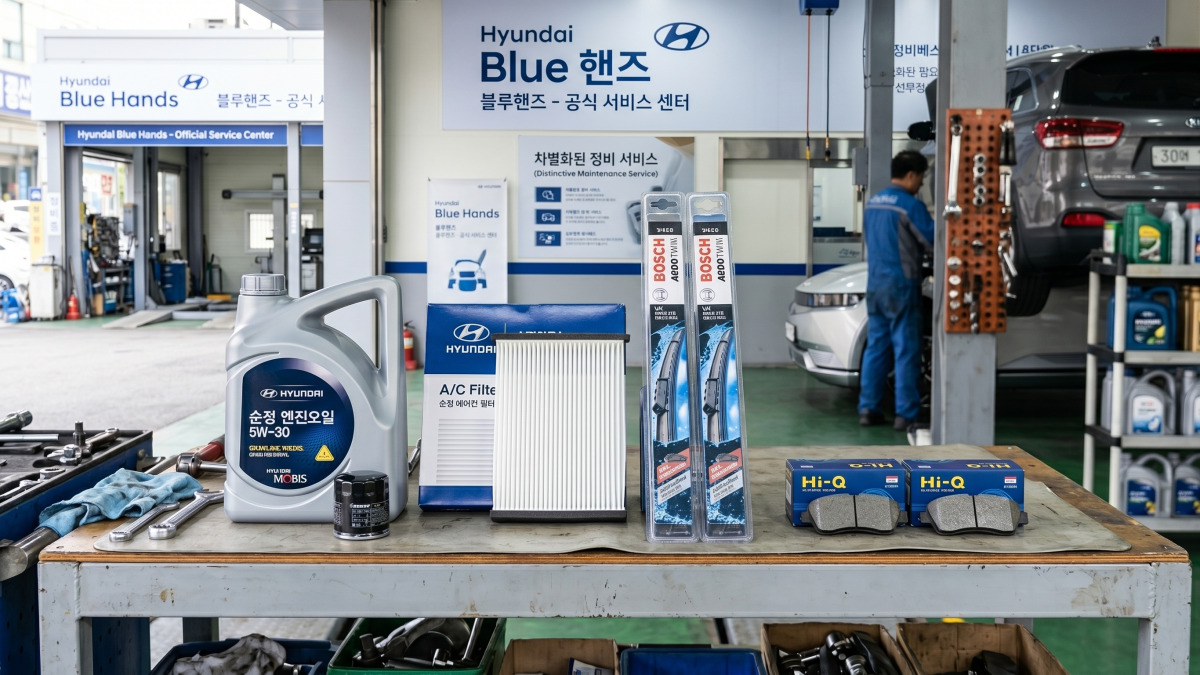 블루핸즈 정비소 테이블 위 엔진오일 에어컨 필터 와이퍼 브레이크 패드 소모품 정리