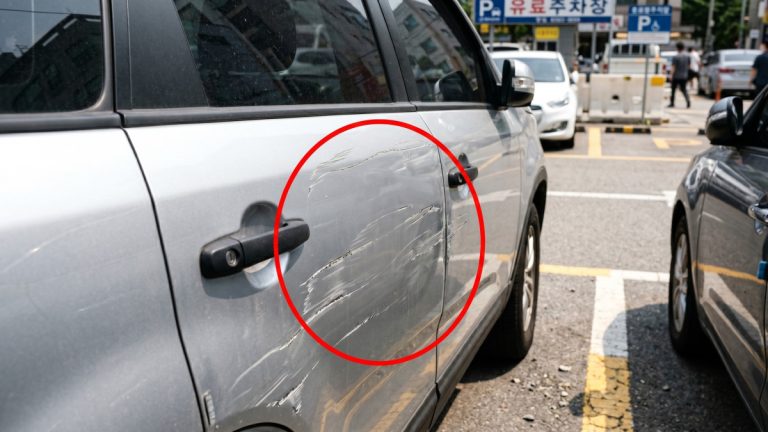 유료주차장에 주차된 차량 측면에 긁힌 자국 클로즈업