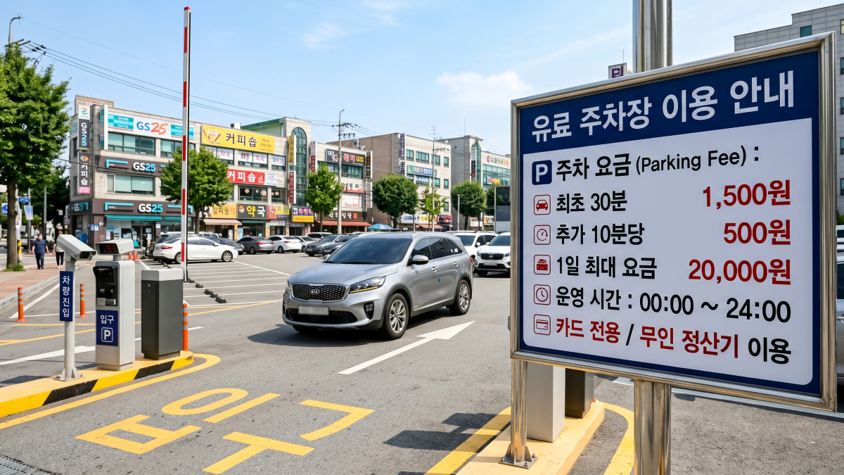 유료주차장 입구 요금 안내판과 진입 차량 장면