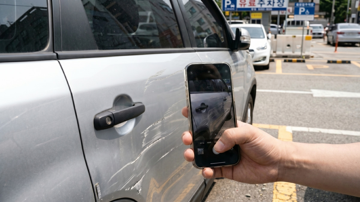 주차장에서 스마트폰으로 차량 파손 부위를 촬영하는 장면