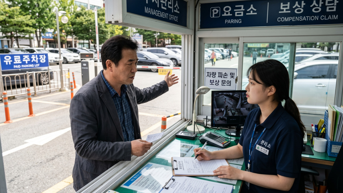주차장 직원에게 사고 여부에 관해 이야기하는 모습