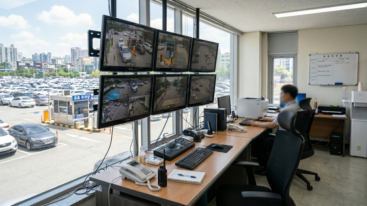 유료주차장 관리실에 CCTV가 작동되고 있는 모습
