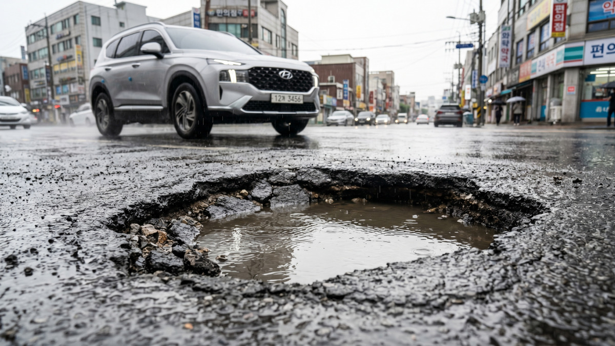 비 오는 도로 위 깊게 패인 포트홀 클로즈업