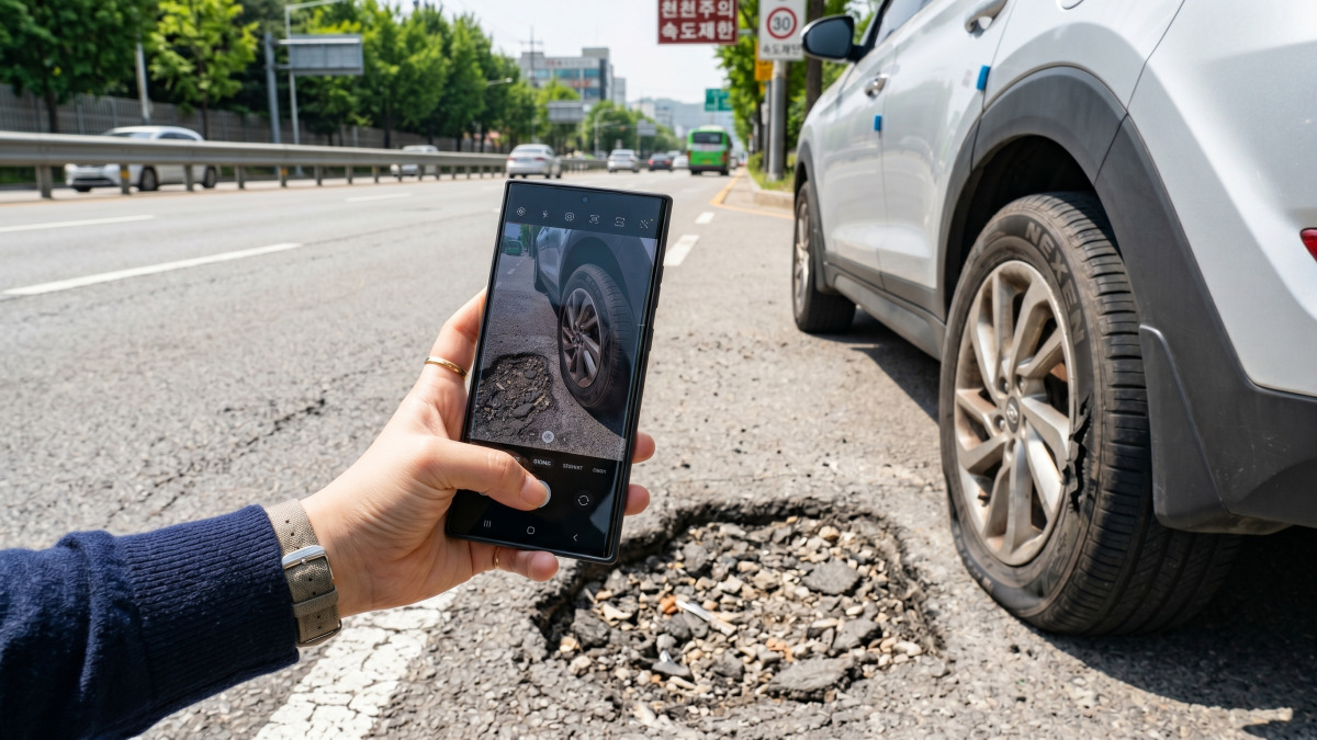 도로 갓길에서 스마트폰으로 타이어 파손과 포트홀을 촬영하는 장면