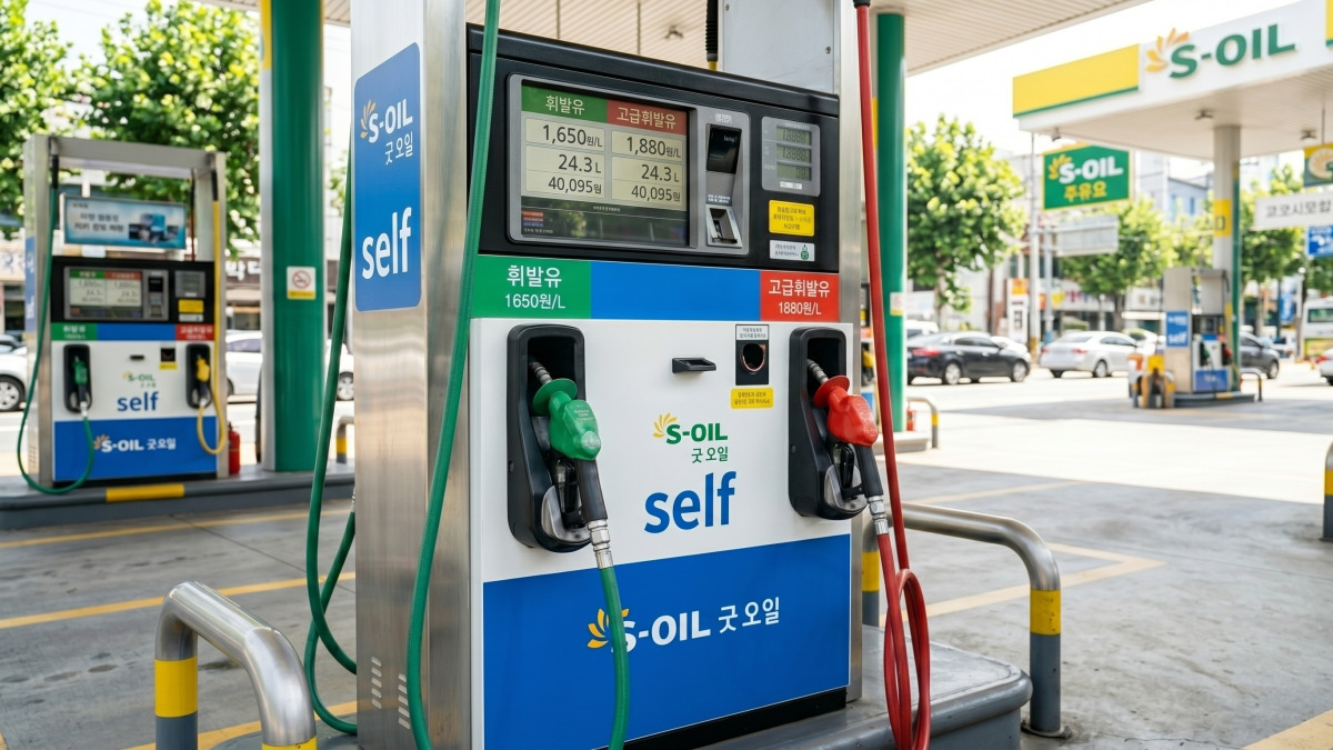 주유소 주유기에 고급유와 일반유 주유기가 보이는 장면