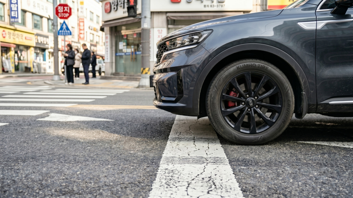 정지선 앞 차량 바퀴 완전 정지