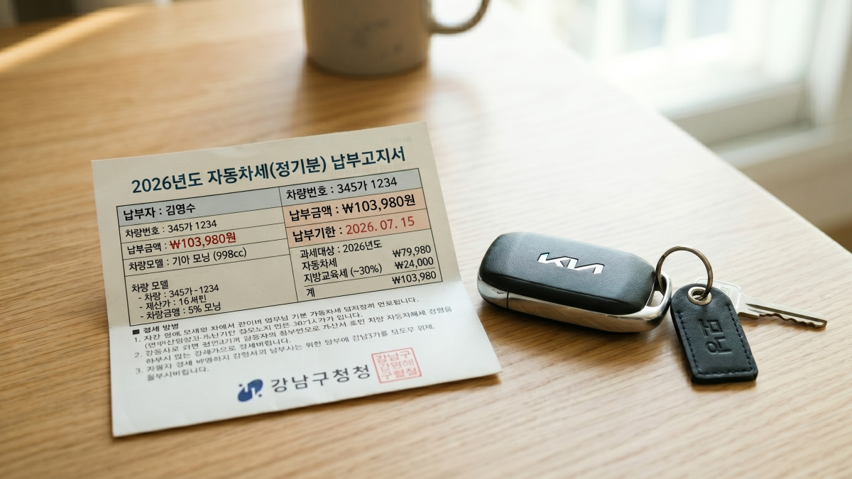 자동차세 고지서와 경차 키가 나란히 놓인 장면