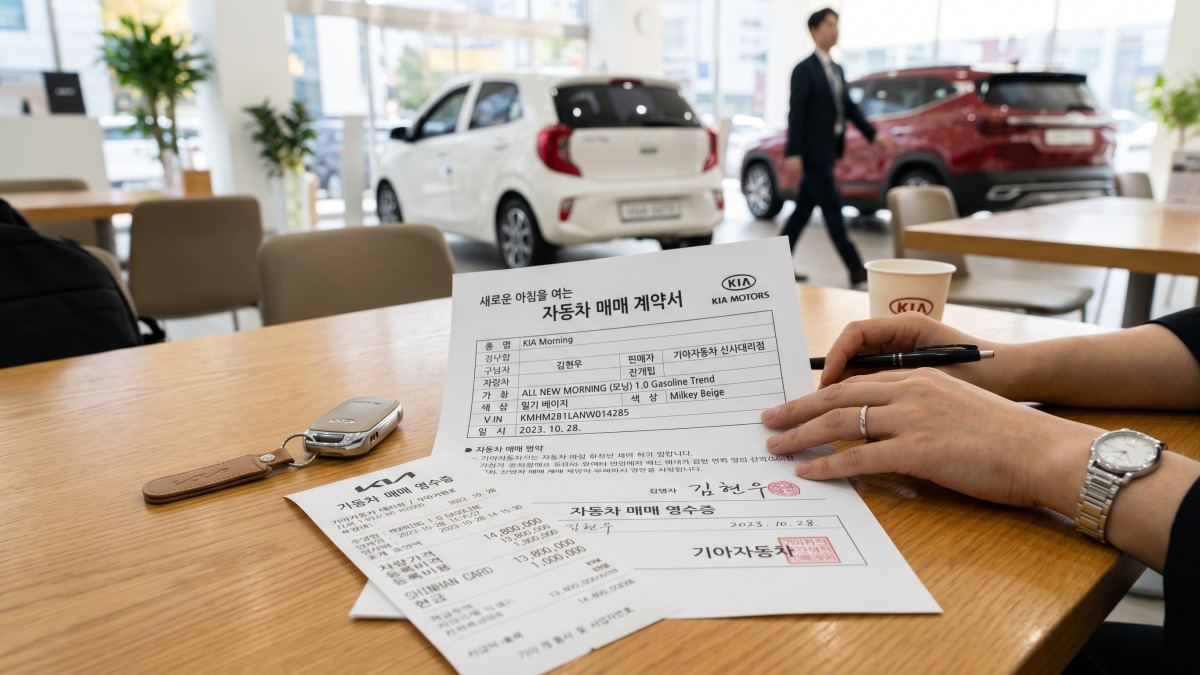 자동차 계약서와 영수증이 테이블 위에 놓인 모습