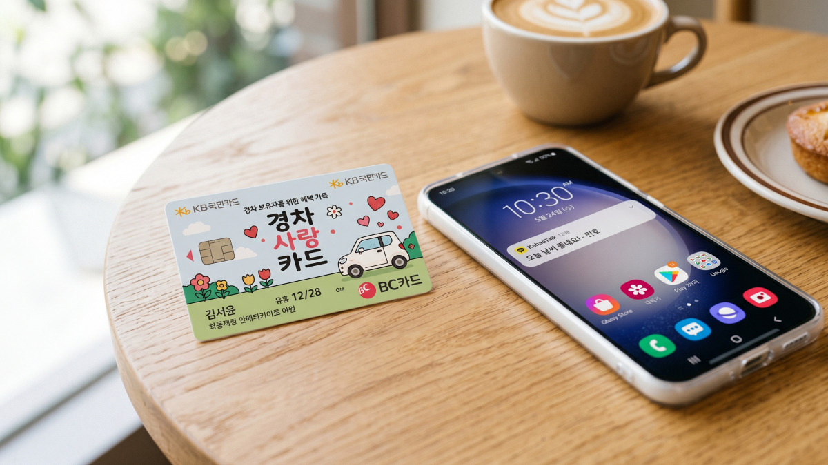 경차사랑카드와 스마트폰이 나란히 놓인 장면