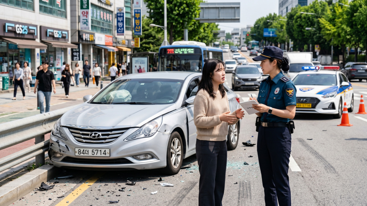 사고 차량 옆에서 경찰관과 대화하는 장면