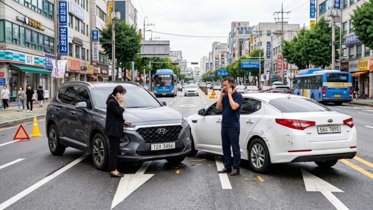교통사고 현장에서 운전자가 보험사와 통화하는 장면