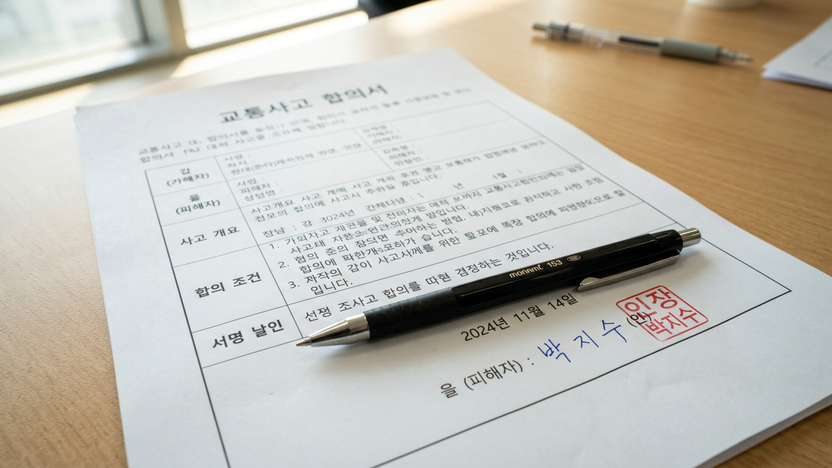 교통사고 합의서 위에 펜을 올려놓은 모습