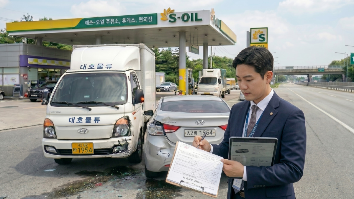 고속도로 주유소 앞 화물차와 승용차의 후미 추돌 사고 조사 장면