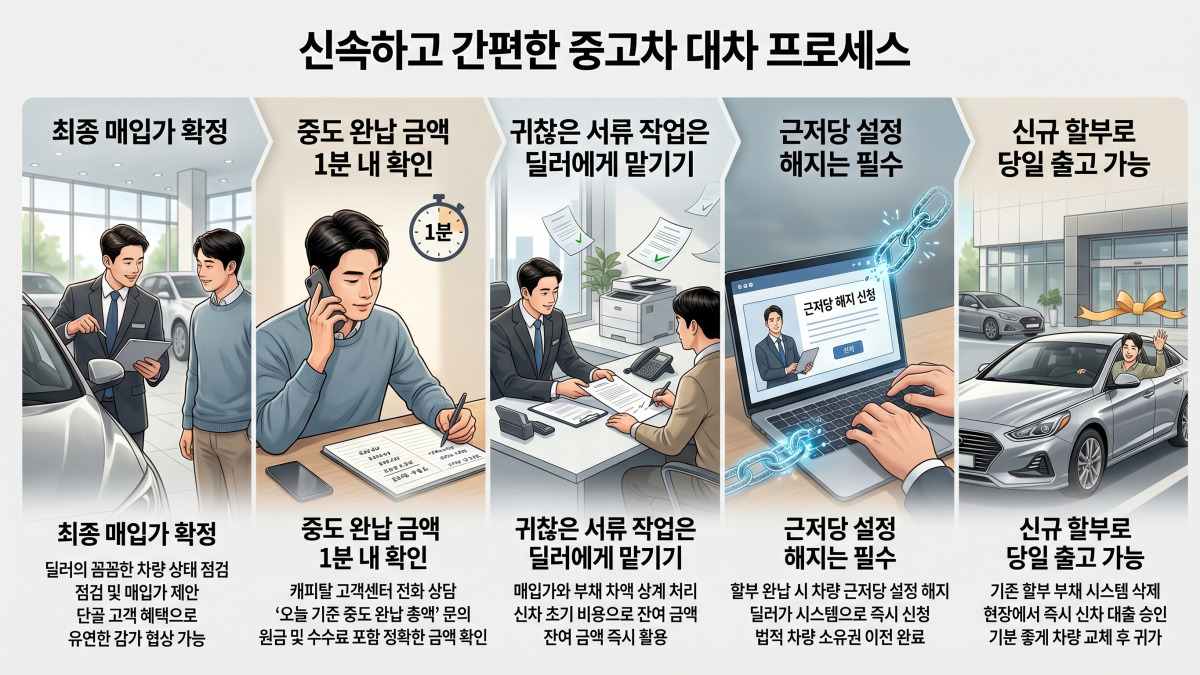 신속하고 간편한 중고차 대차 프로세스 5단계를 설명하는 인포그래픽. 최종 매입가 확정, 중도 완납 금액 확인, 서류 작업 대행, 근저당 해지, 신규 할부 당일 출고 과정을 그림과 텍스트로 표현함.