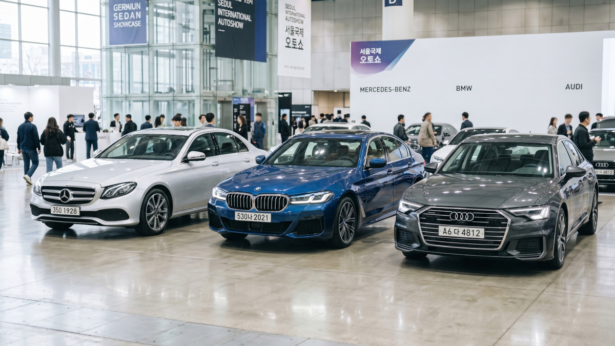 전시장에 벤츠 BMW 아우디가 나란히 전시된 장면
